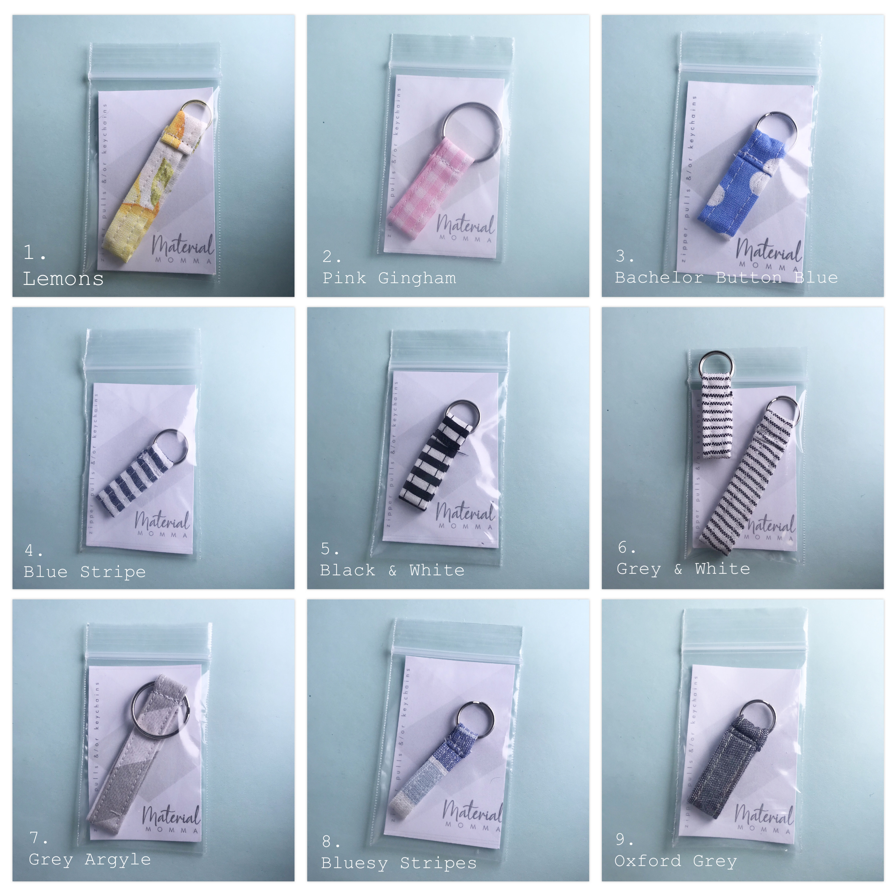 Fabric Zipper Pulls, sizes vary from 1-2.5