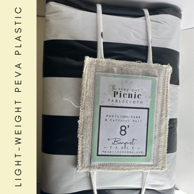 PEVA "Stay-Put" PICNIC Tablecloth, Black & White - wide stripe